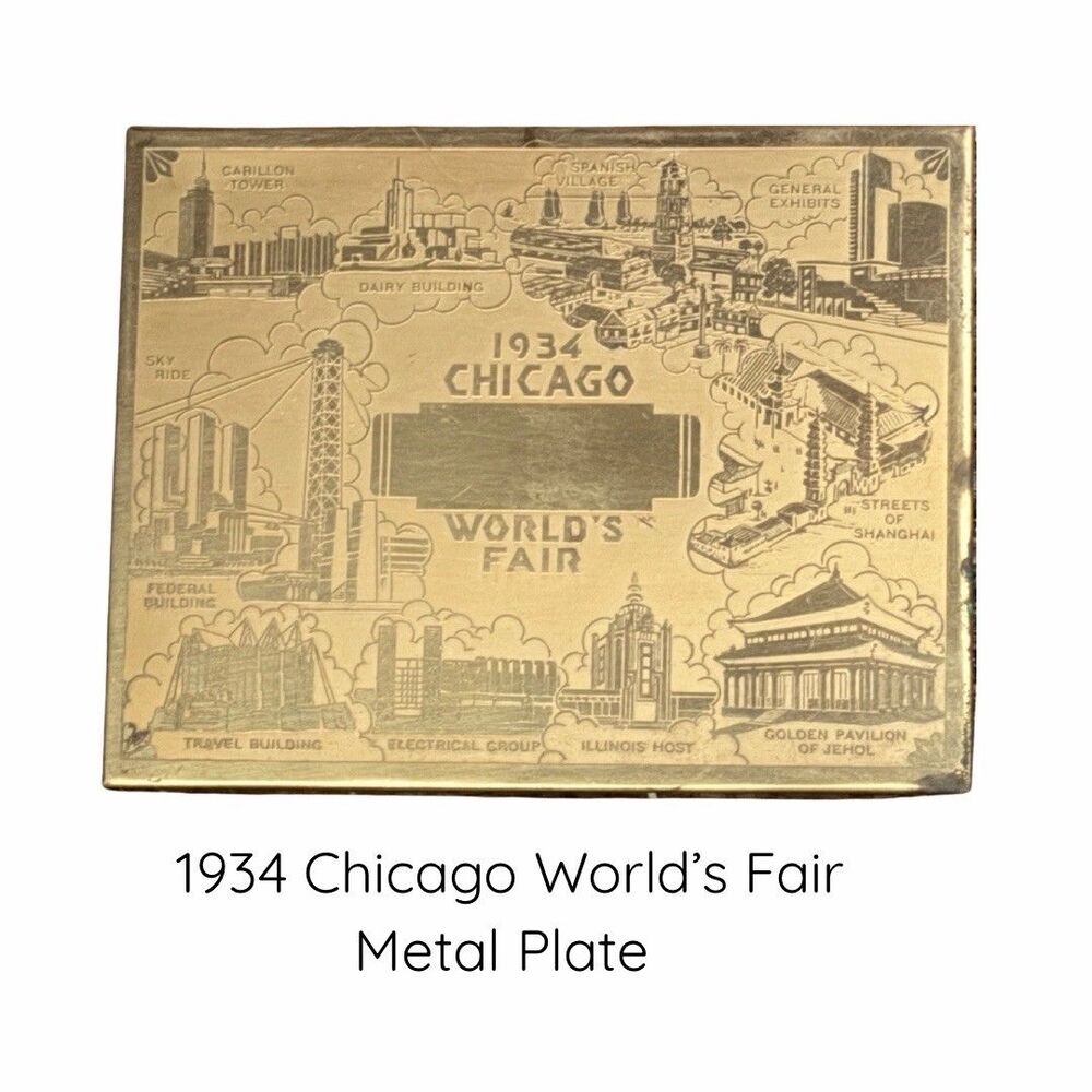 1934 Chicago Worlds Fair Etched Brass Souvenir Plate Century Of Progress 5”x4”